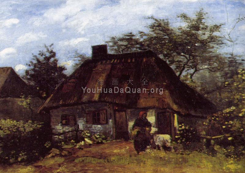 有山羊和妇女的农舍 - 文森特·威廉·梵高